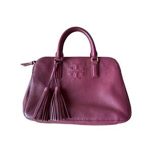 Tory Burch Burgundy Thea Small Double T Logo Zip Satchel Tassels Pebbled Leather
